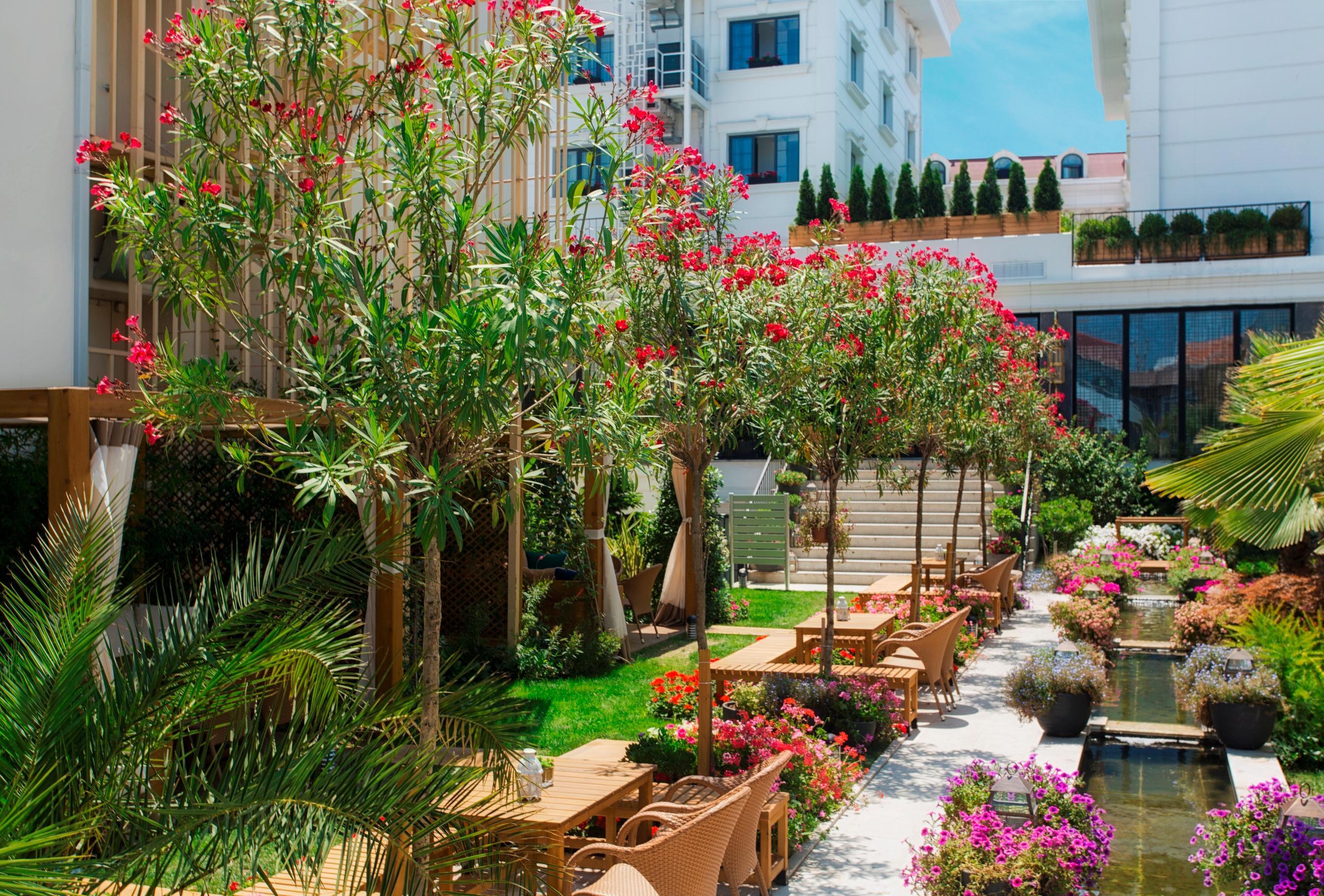 Sura Hagia Sophia Hotel Истанбул Екстериор снимка The photo shows a beautifully landscaped outdoor area. There are several trees with vibrant pink flowers, along with lush green plants. A pathway runs through the garden, bordered by colorful flowers. Wooden lounge chairs are arranged around the area